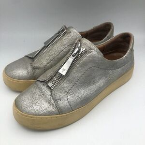 Women's Frye Size 7 Silver‎ Slip On Sneakers Zip Top Distressed Leather Shoes